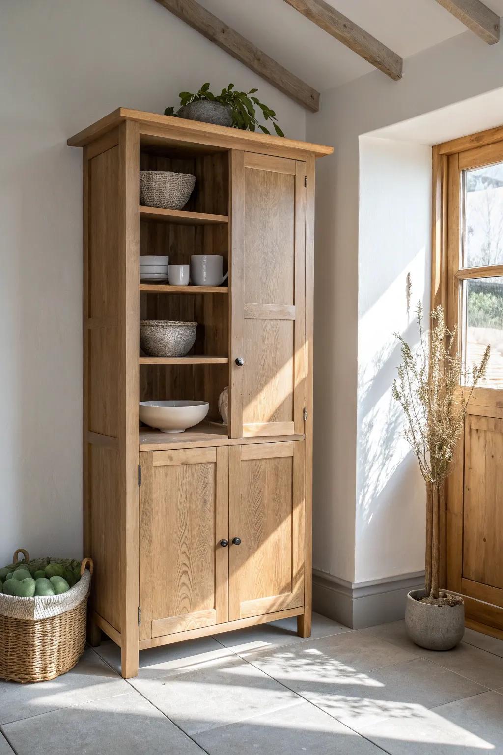 Go vertical: a tall cabinet + open shelves keeps small open plans airy and organized.