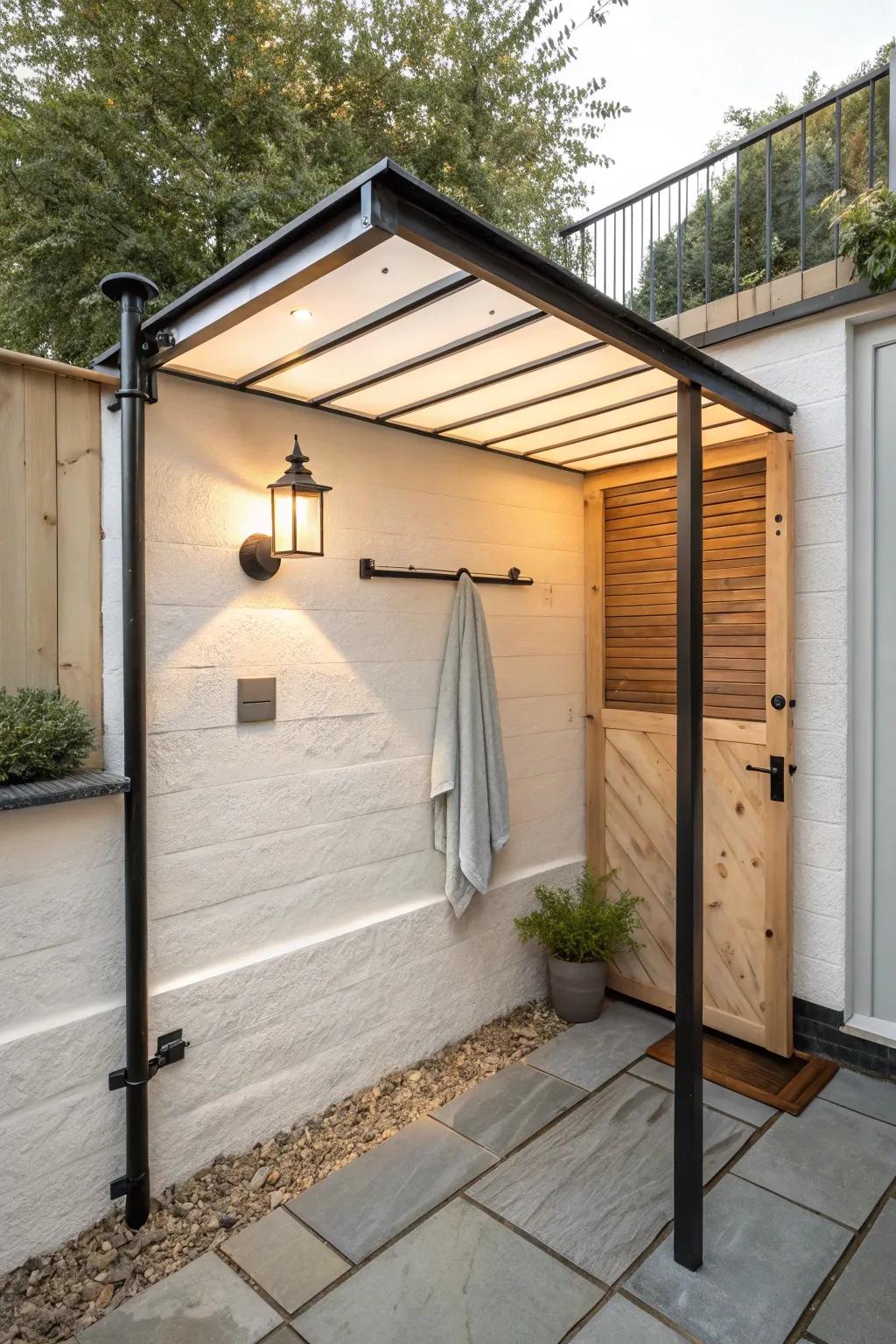 A lean-to roof turns a tiny outdoor shower into a cozy, all-weather retreat—day or night.
