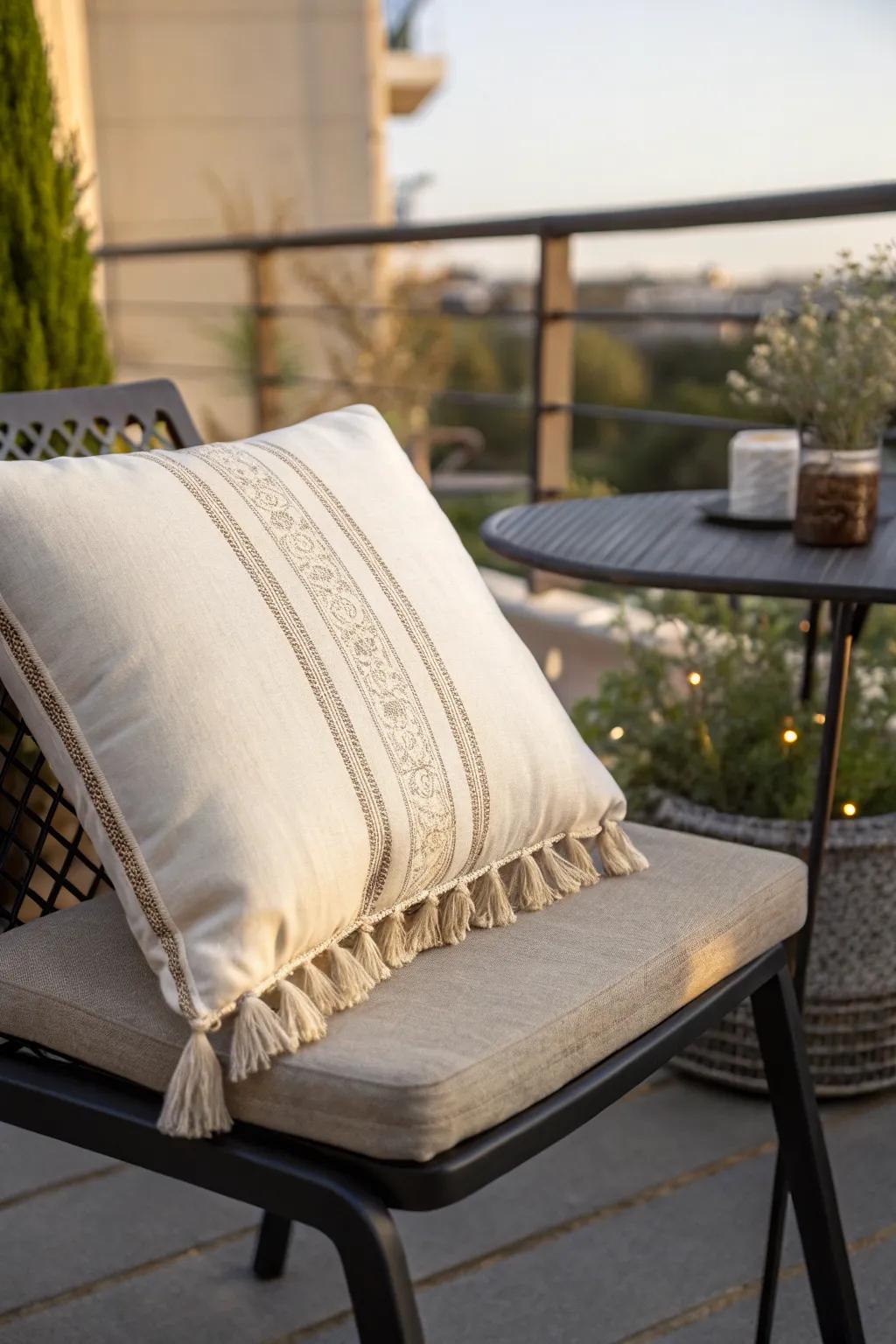 A light linen cushion instantly softens a tiny balcony dining nook—bright, comfy, chic.