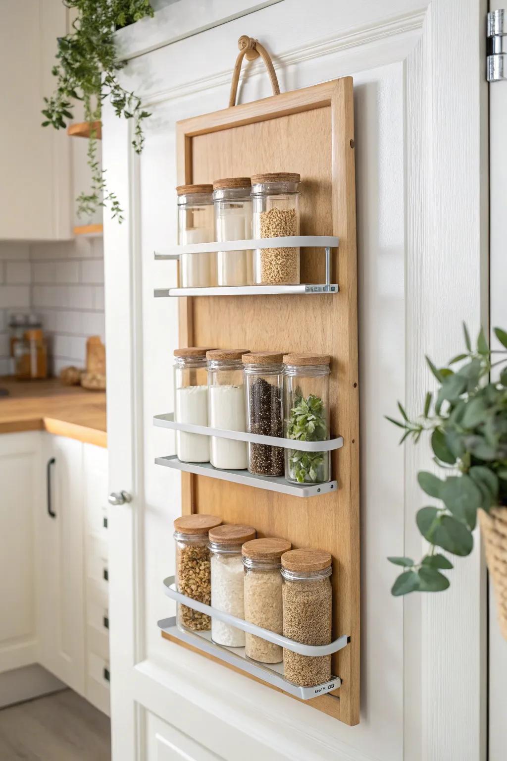 Turn the pantry door into vertical storage with a sleek rack for spices and tiny jars.