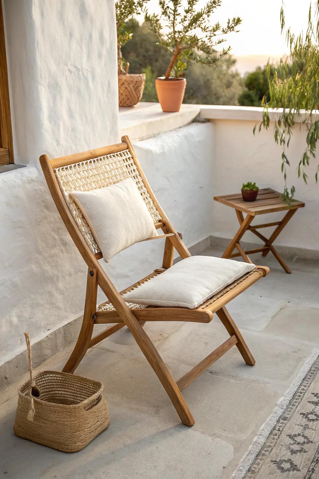 A chic foldable chair adds instant flex space—perfect for small patios and surprise guests.