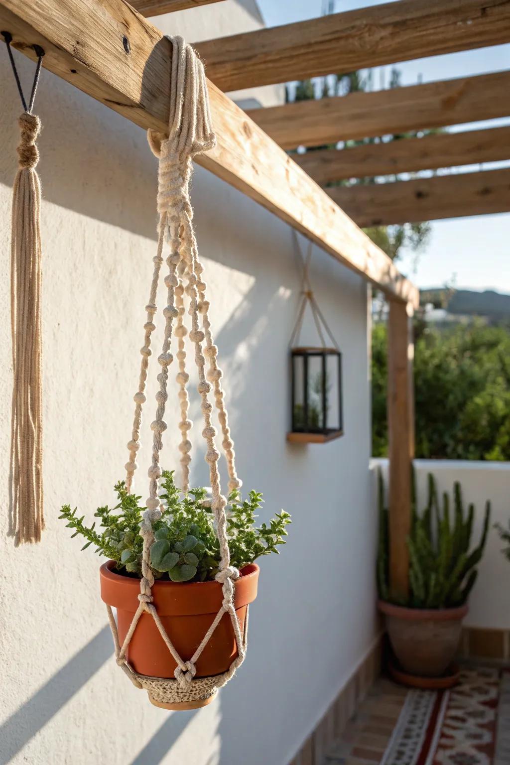 Hang a planter from pergola beams for lush greenery—without losing an inch of patio floor space.