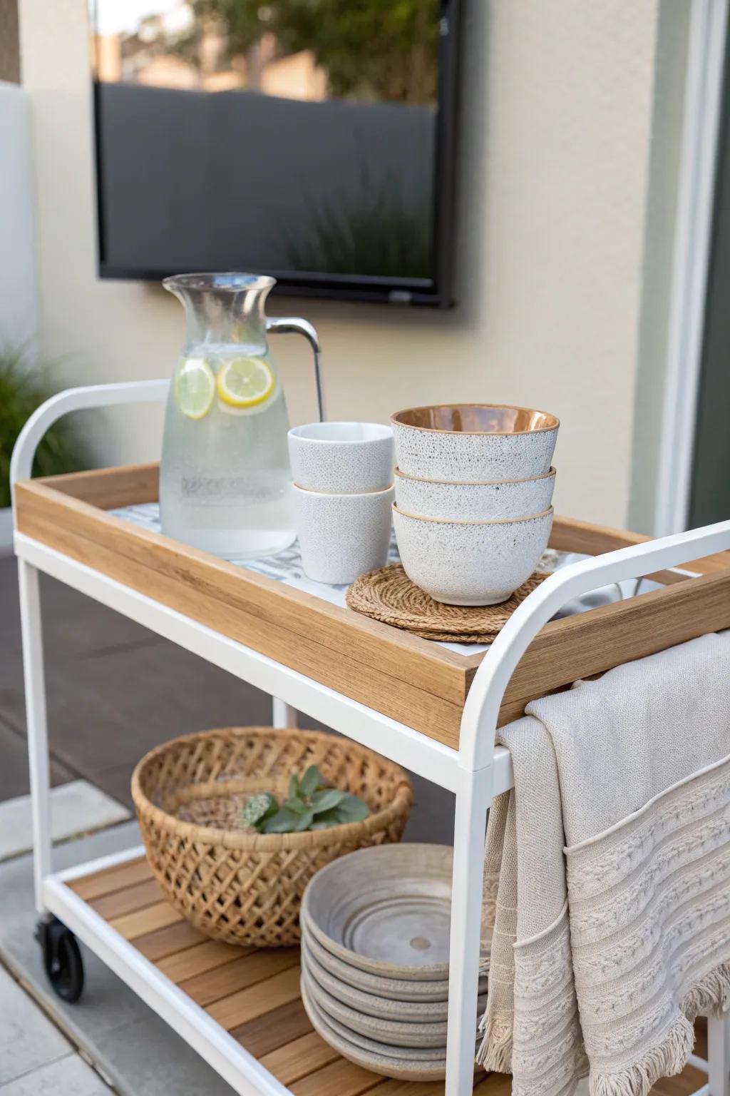 A slim outdoor bar cart keeps snacks and drinks within reach beside your small patio TV.