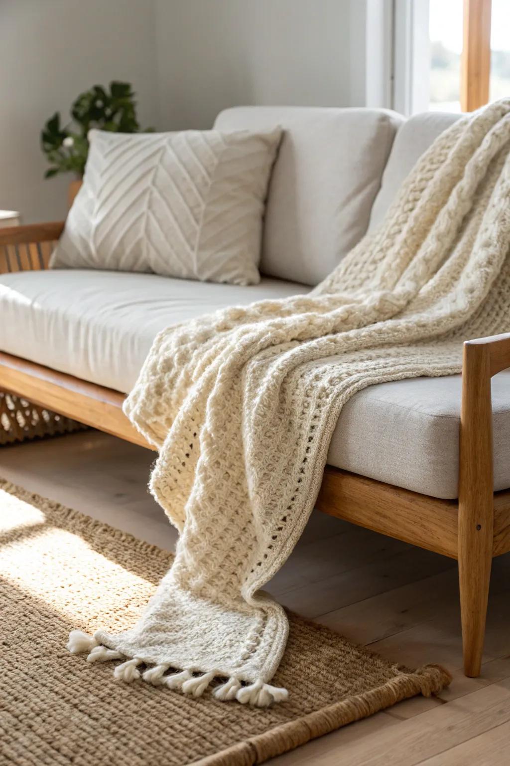 Chunky knit texture adds ranch coziness—rich, layered, and clutter-free in small spaces.