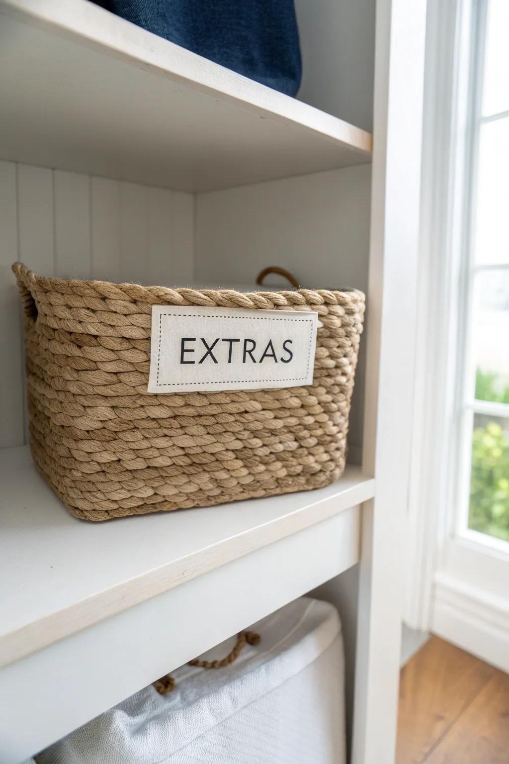 Matching labeled bins on the top shelf hide extras and keep your reach-in closet serene.