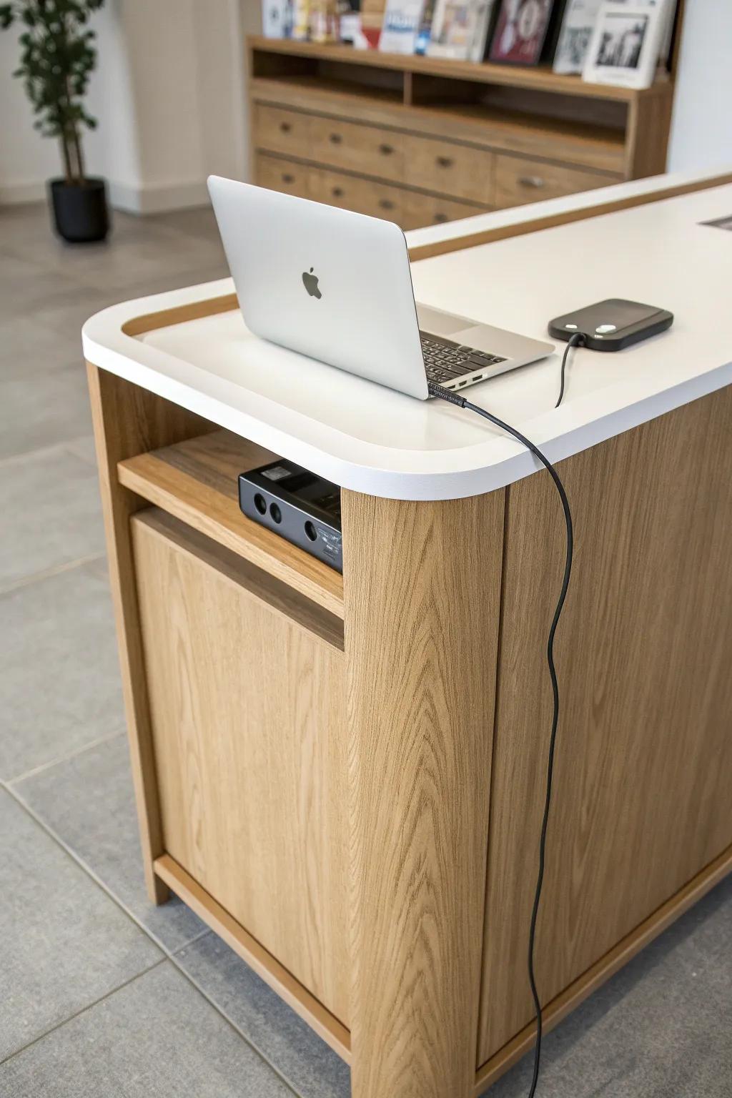 A petite reception desk with a hidden cable zone—clean lines, calm entry, zero cord clutter.