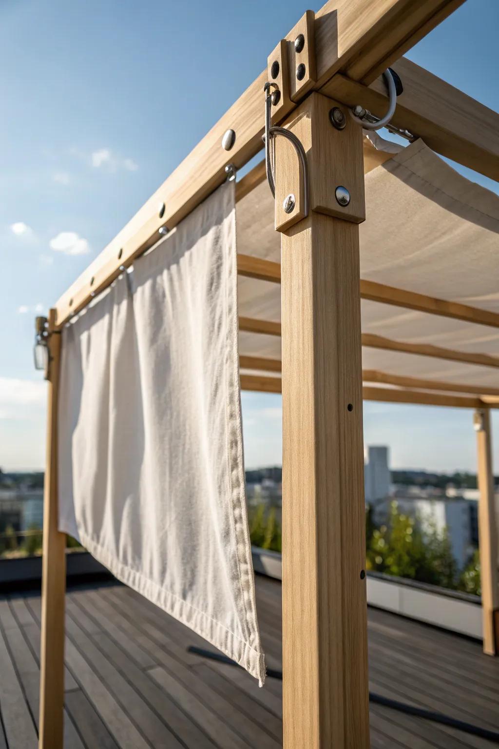 Linen canopy shade for a small rooftop deck—airy, minimal, and beautifully crafted.