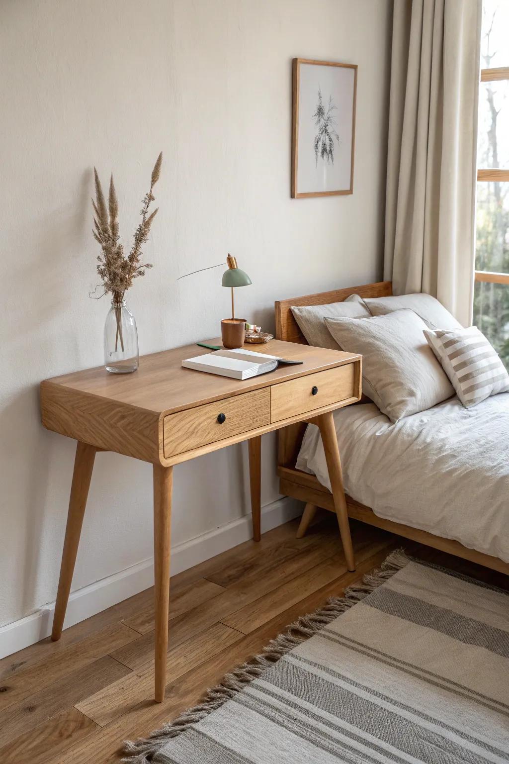 A corner bed + micro desk combo that keeps the center open and the room feeling light.