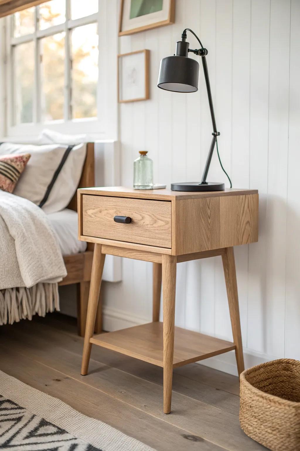 A slim desk that doubles as a nightstand—perfect for one-room layouts and tidy bedside work.