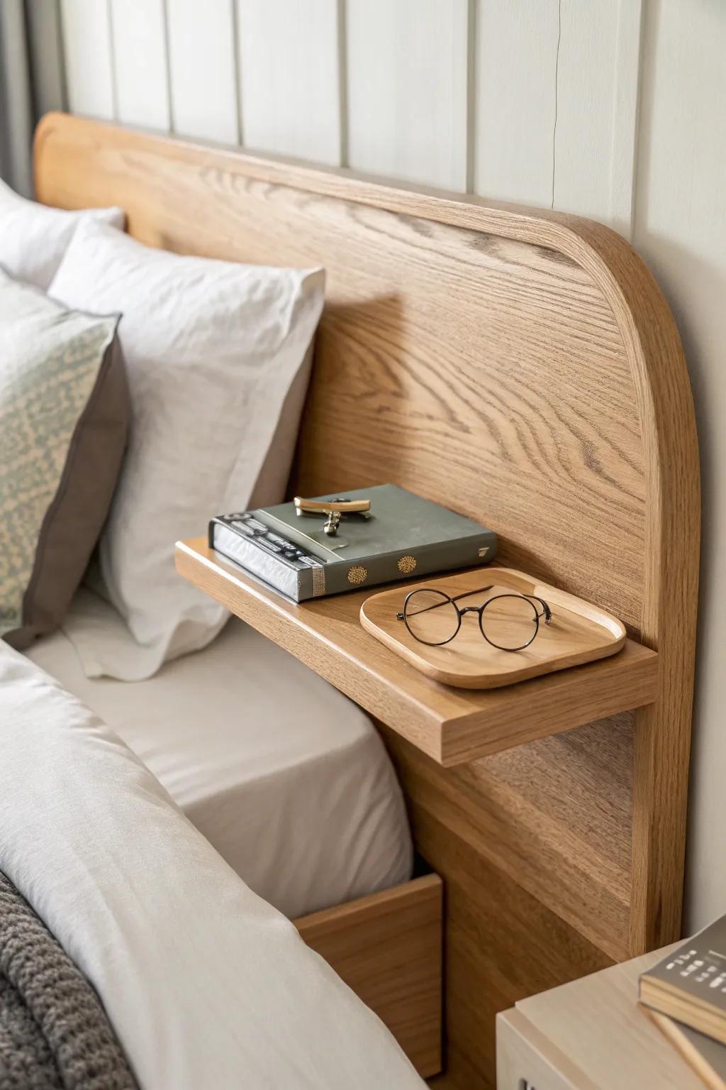 A headboard shelf adds storage for books and glasses—so you can skip the nightstand.