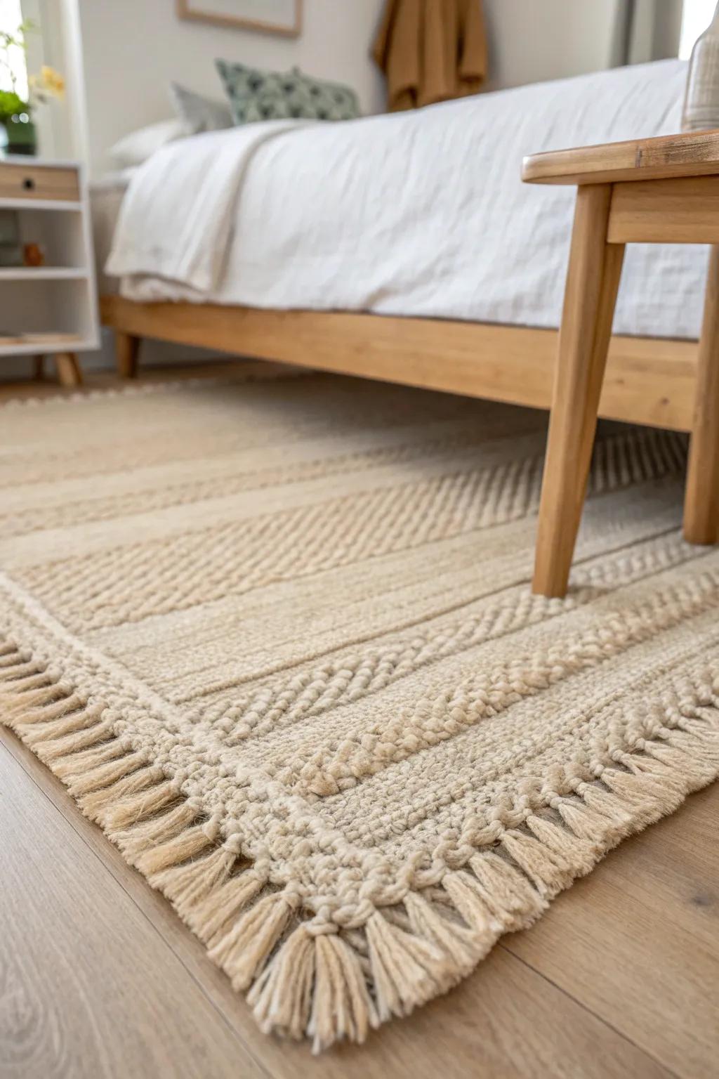 A single rug draws a clear line between sleep and work—perfect zoning for a small room.