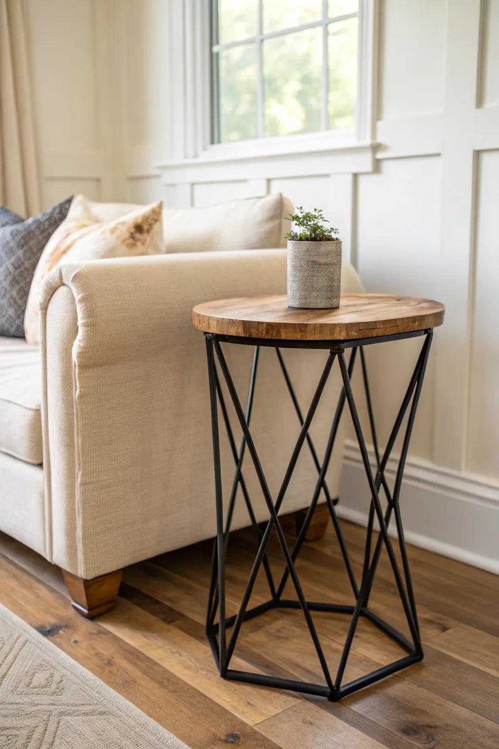 Black metal side table brings crisp contrast to rustic wood in a small, cozy living room.