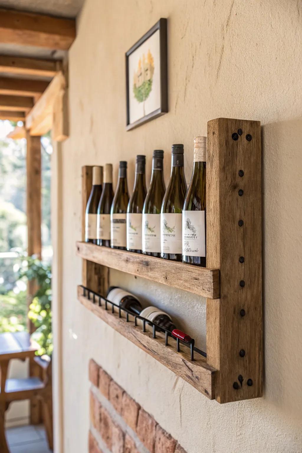 A label-forward reveal row turns a tiny rustic wine cellar into a curated bottle gallery.