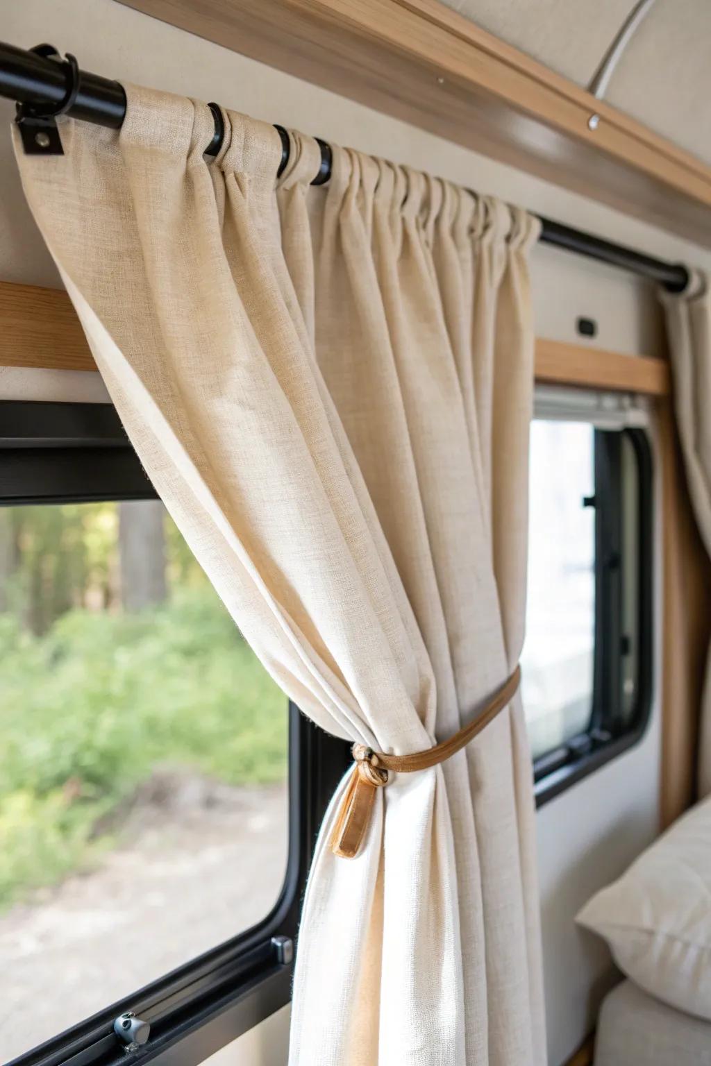 Layer blackout liners behind airy linen curtains for bright days and deep, cozy RV sleep.