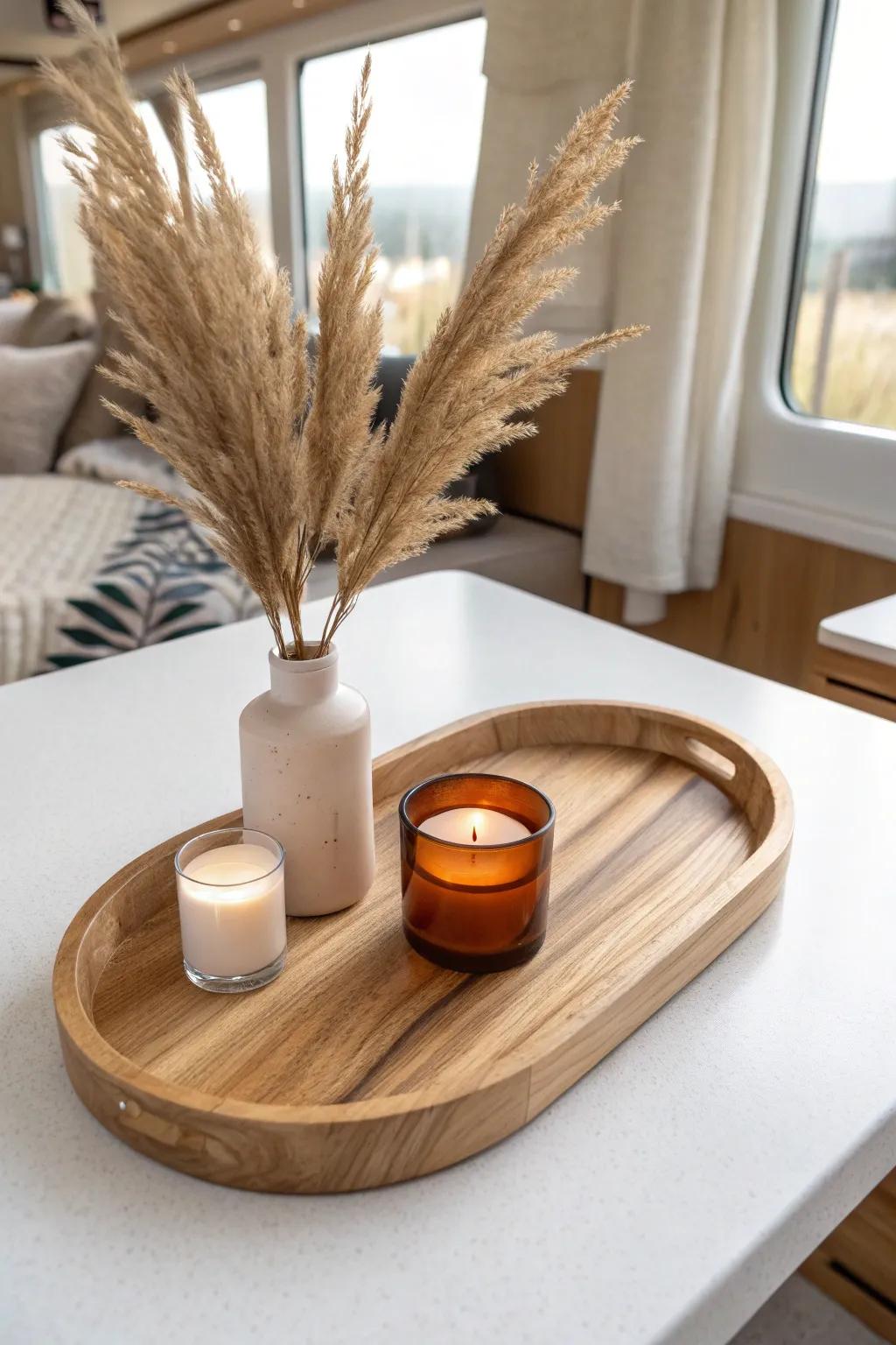 A simple tray keeps RV surfaces calm—pretty essentials contained, never cluttered.