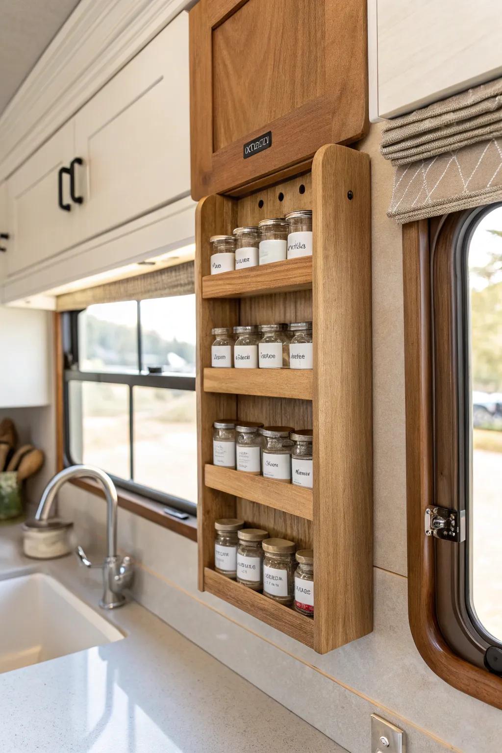Go vertical: a slim wall spice rack keeps your tiny RV kitchen organized and cook-ready.