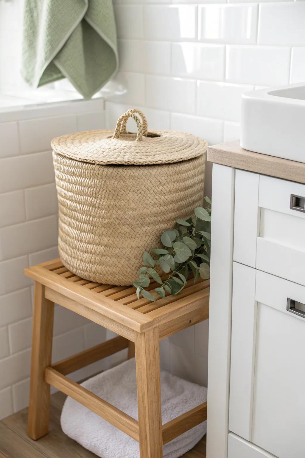 Woven baskets add warm texture and calm storage to a small Scandinavian bathroom.