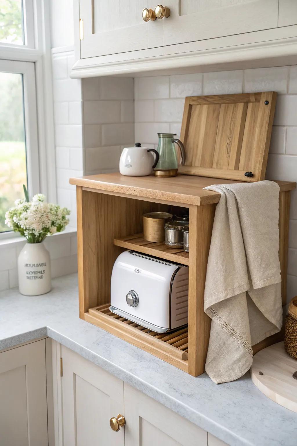 A tidy scullery appliance garage keeps toaster and coffee gear hidden but ready to use.