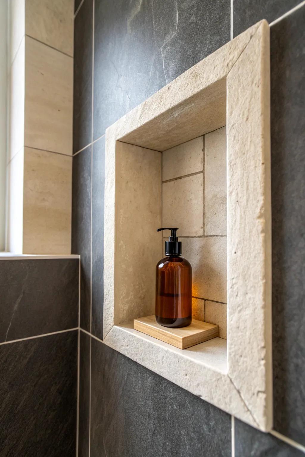 A built-in shower niche keeps bottles tidy and makes even tiny showers feel serene.