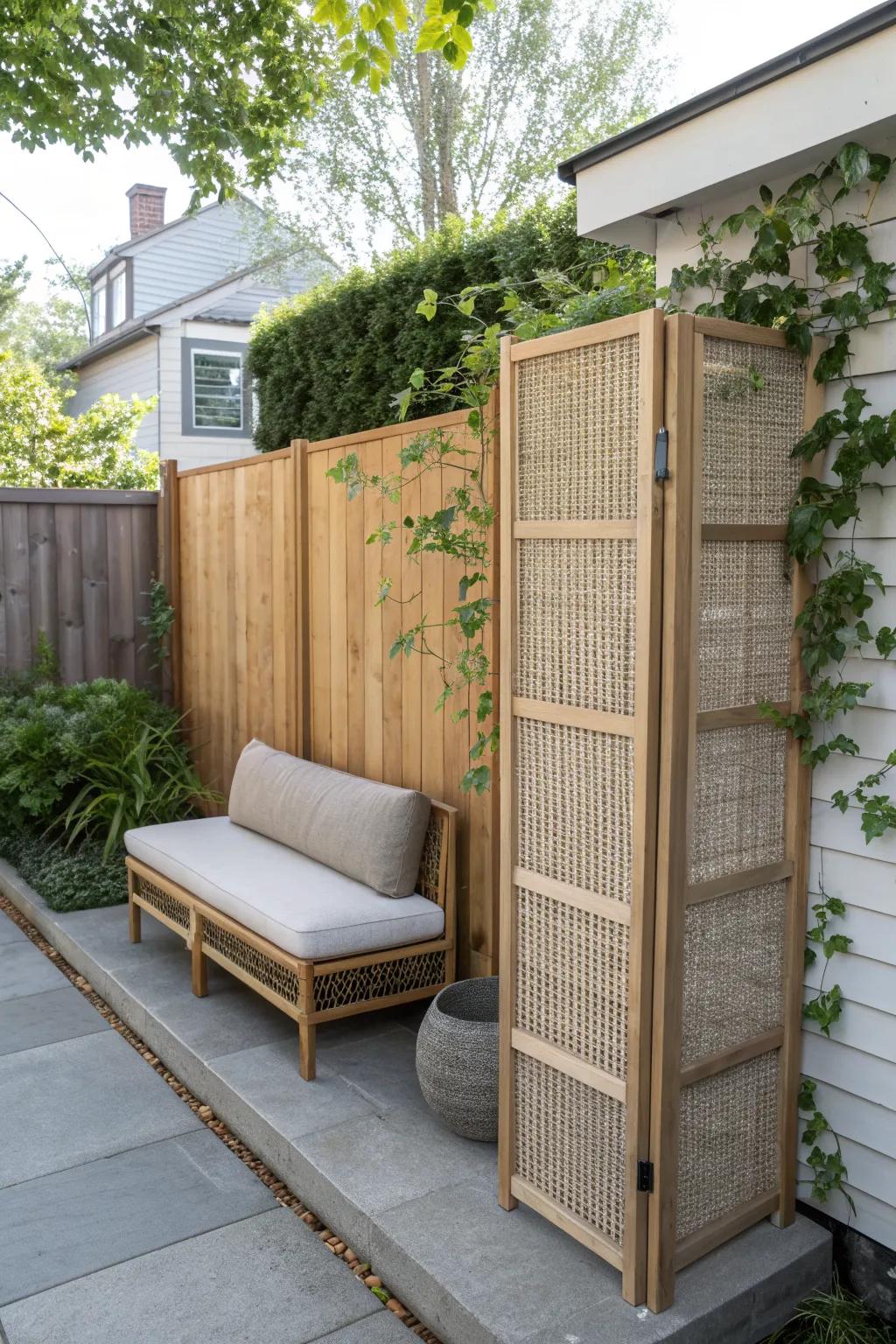 One airy lattice screen creates privacy without making a small side yard patio feel closed in.