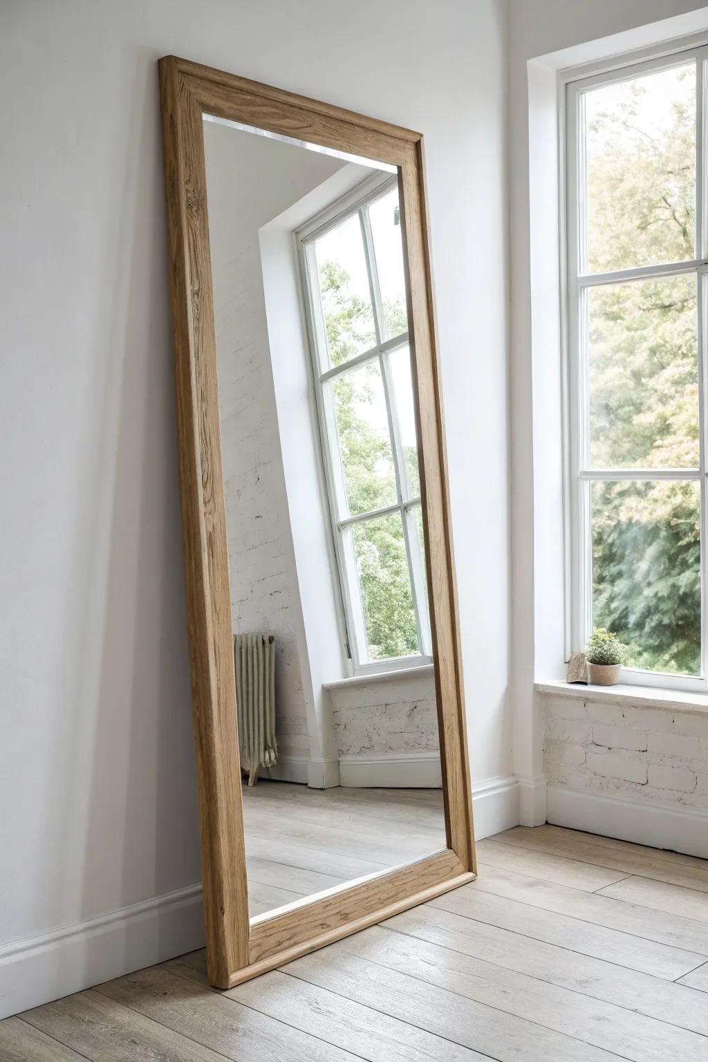 An oversized mirror opposite the window doubles the light—and makes a tiny spare room feel bigger.