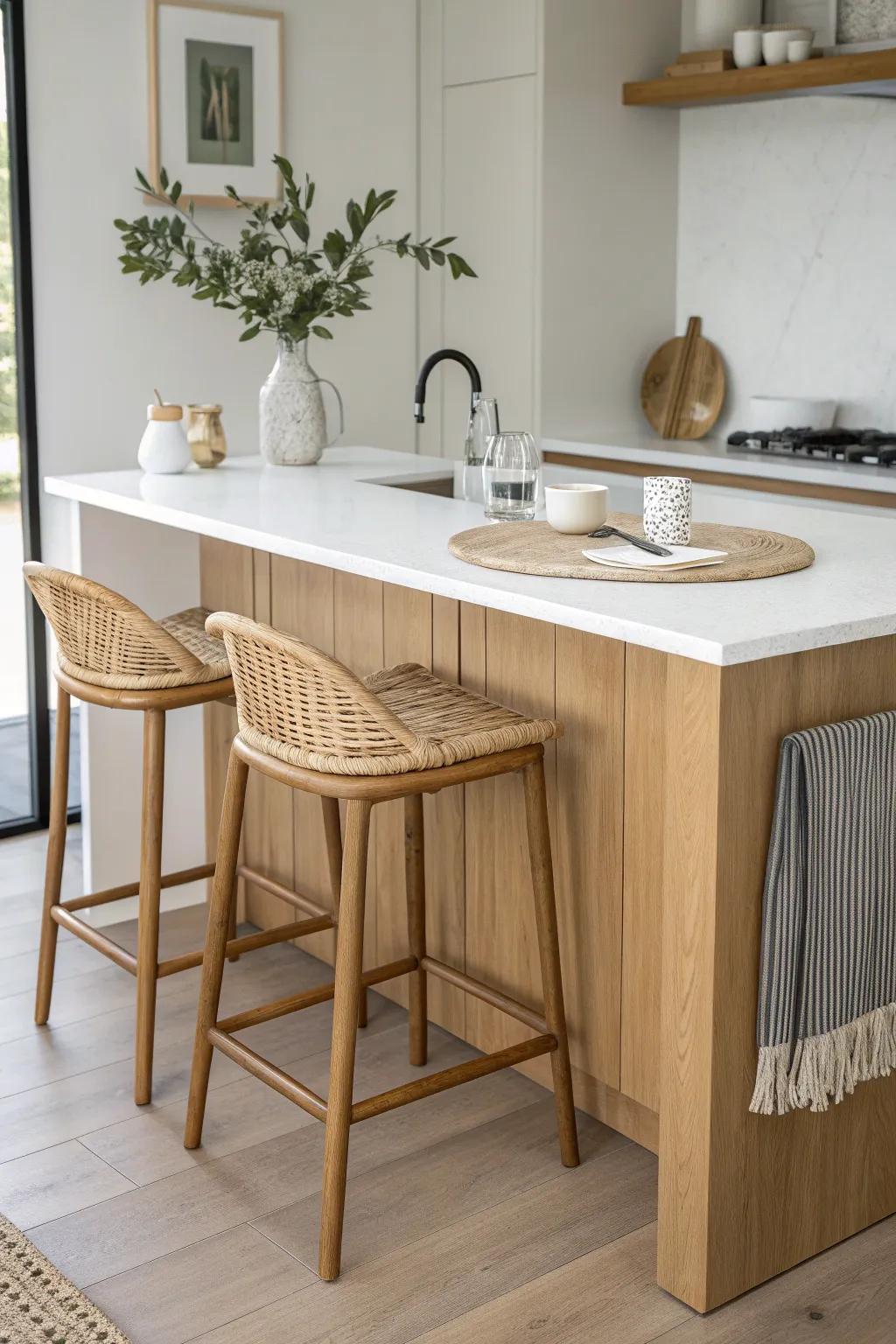 Slim peninsula seating: extra prep space plus a breakfast perch without crowding a square kitchen.