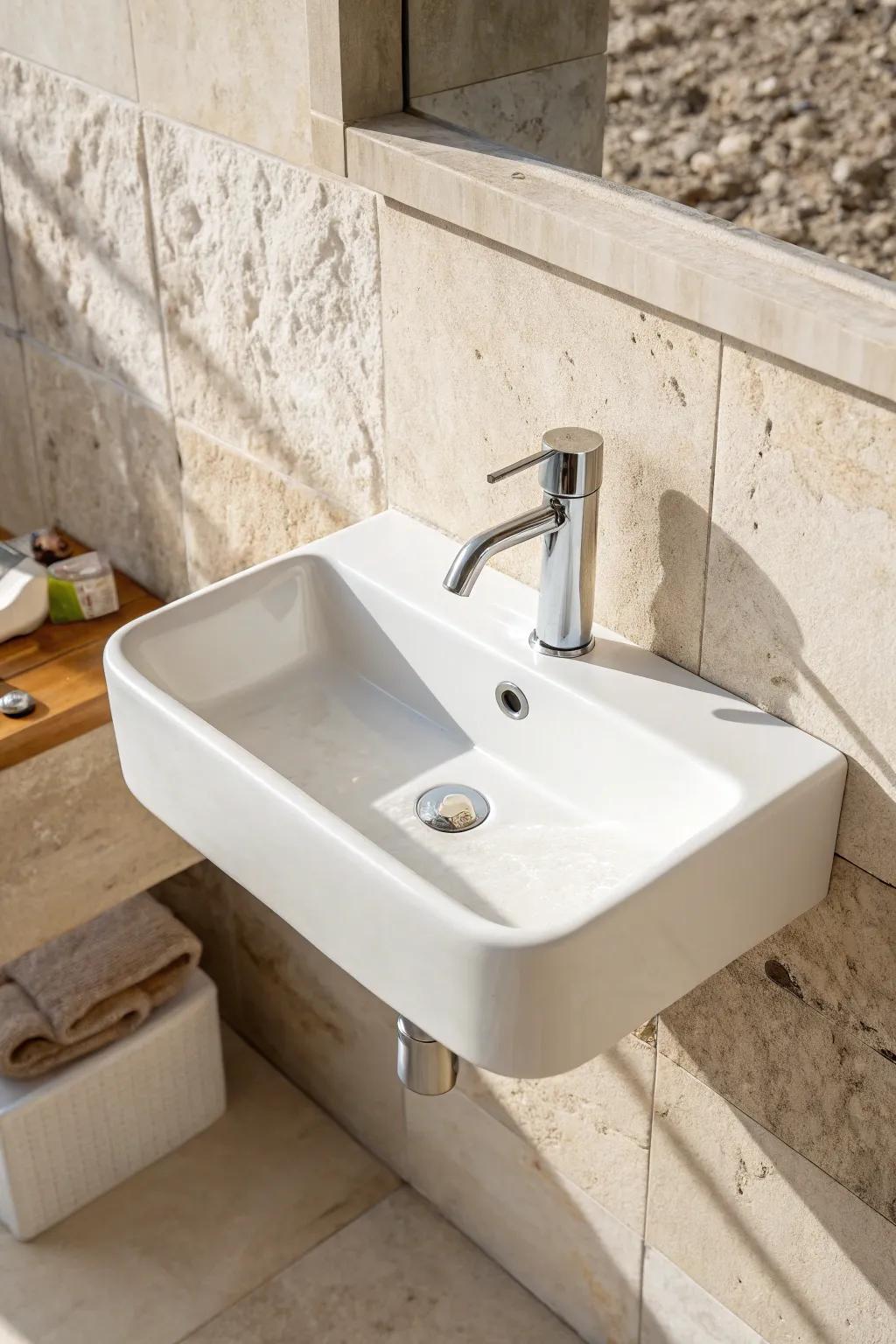 Light stone + crisp white fixtures keep small bathrooms airy, warm, and effortlessly chic.