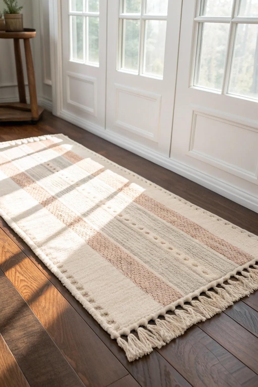 A soft, washable rug instantly warms a small kitchen sunroom—cozy, bright, spill‑friendly.