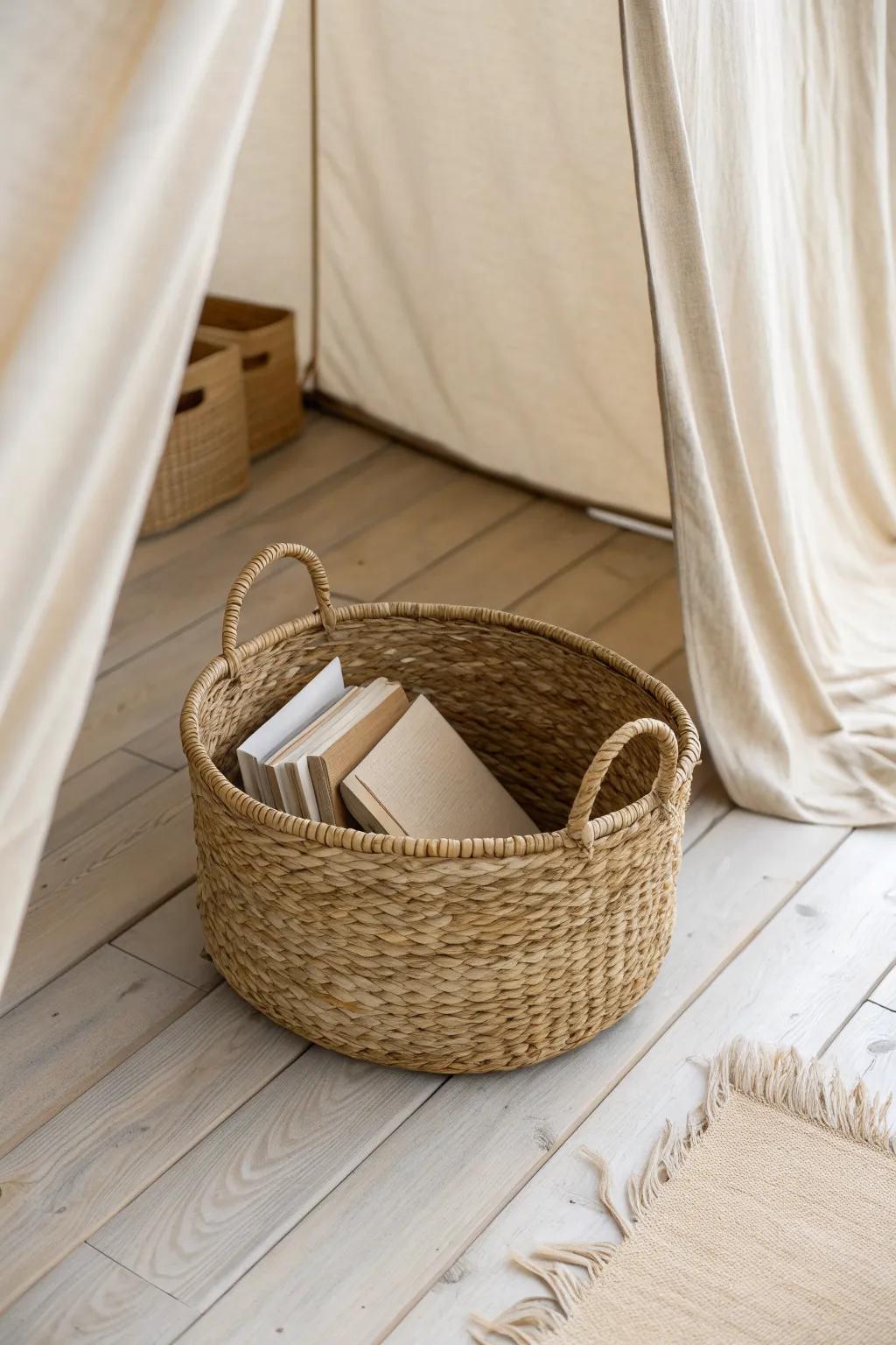 A low woven book basket at the tent entrance keeps a tiny reading nook tidy and beautiful.
