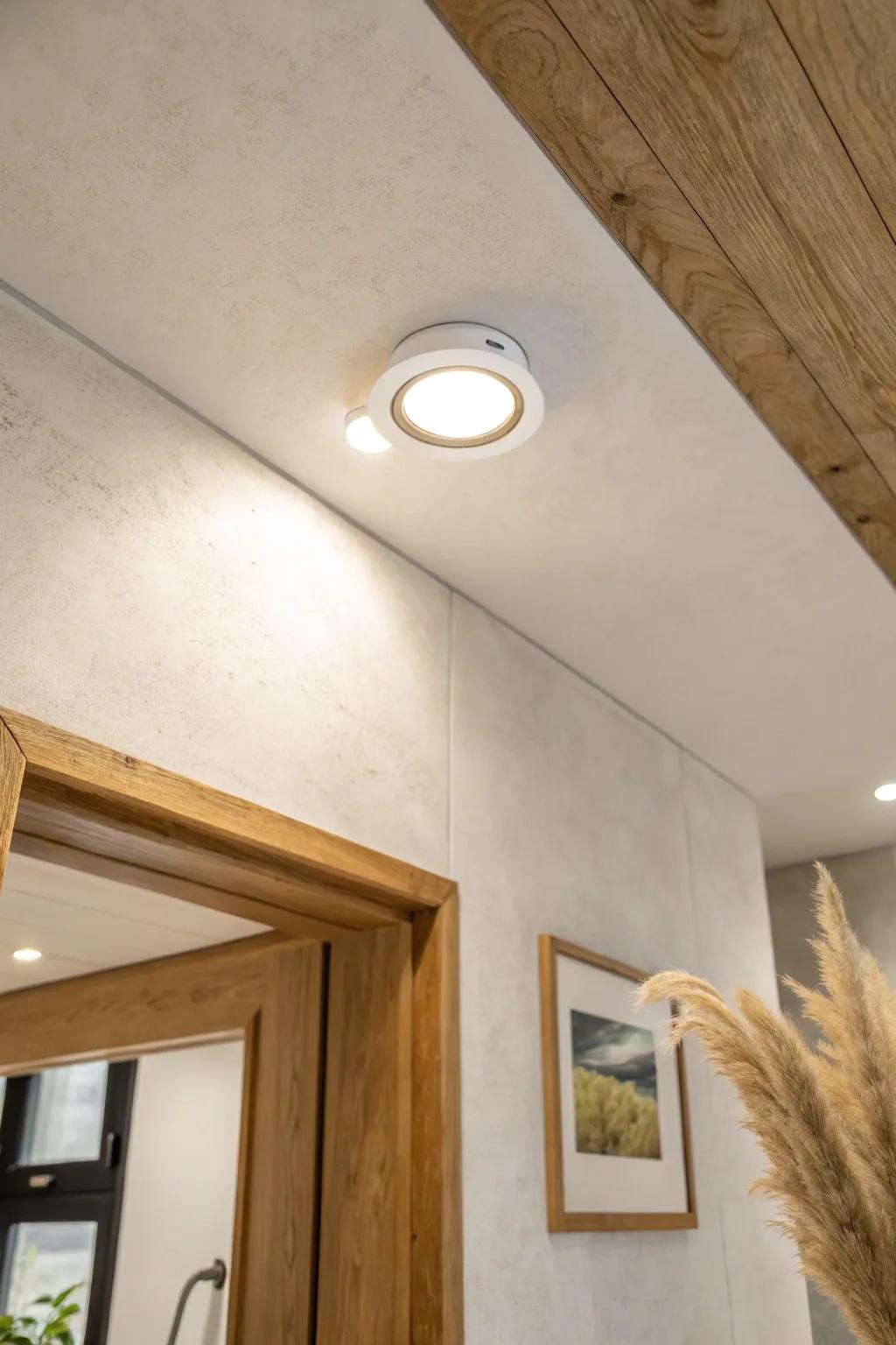 A flush recessed spotlight lifts a tiny bathroom ceiling—bright, airy, and uncluttered.