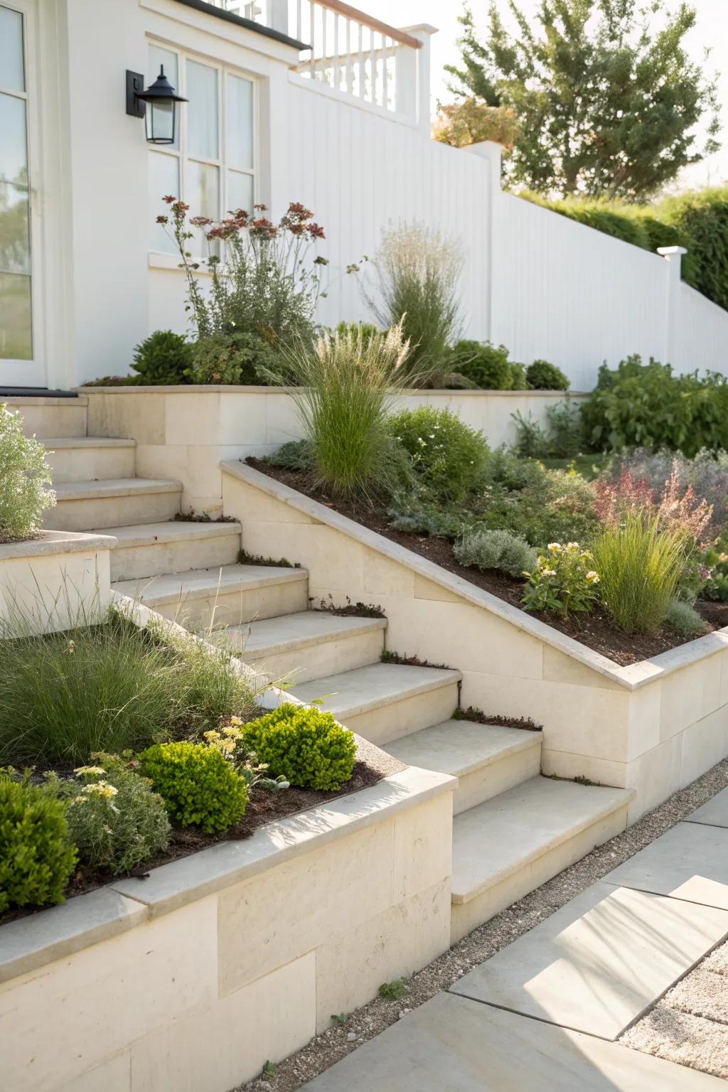 Shallow terraced beds + a low retaining edge make sloped townhouse entries feel intentional.