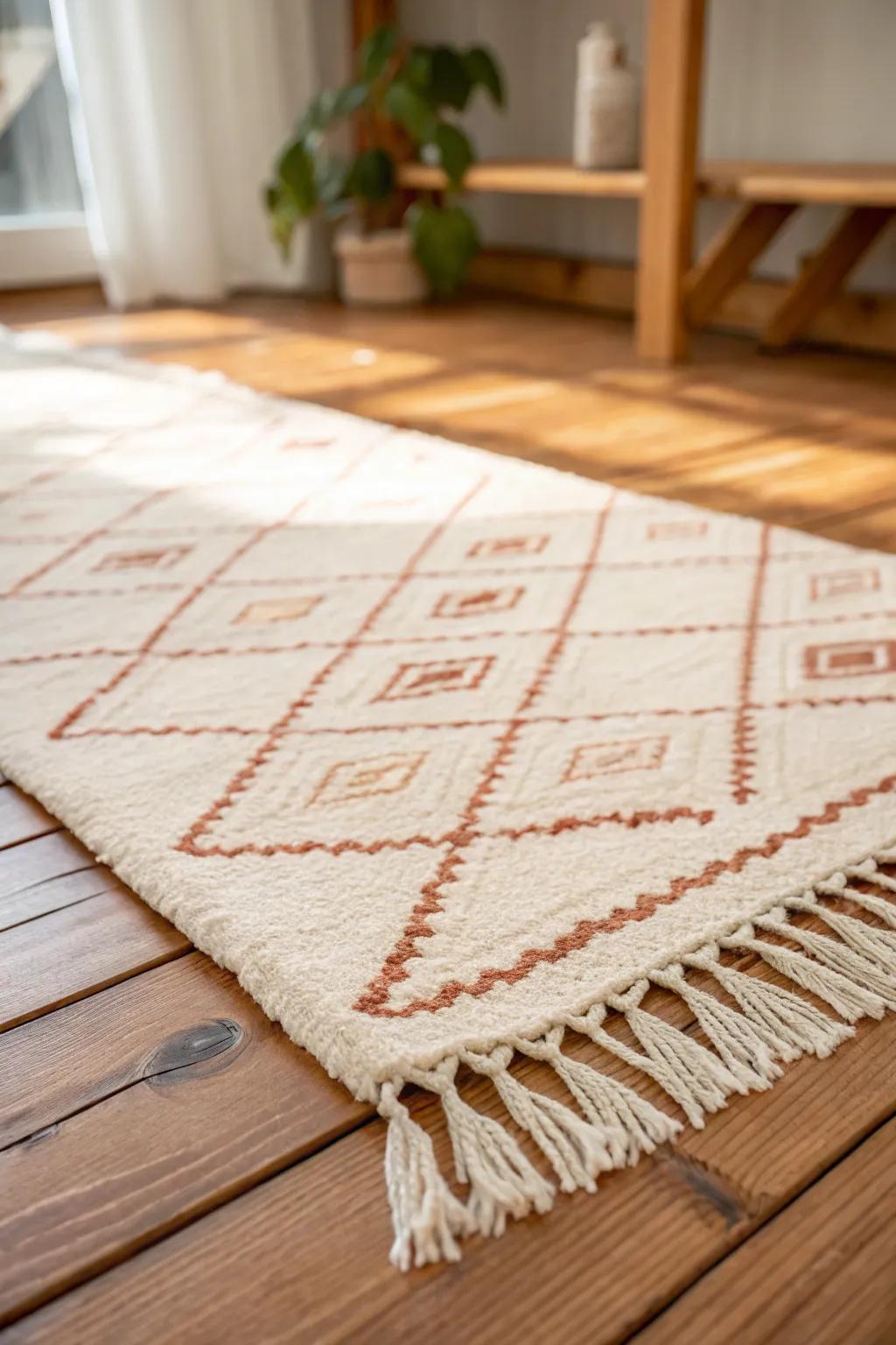A warm handwoven rug adds instant softness, contrast, and retreat vibes to a wood-heavy treehouse.