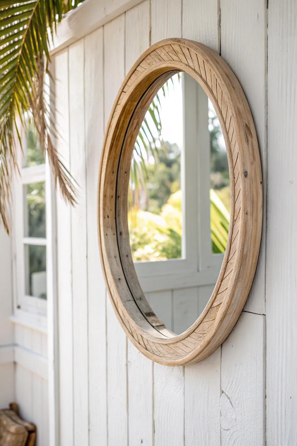 A round mirror softens sharp corners and bounces light for an airy, tropical small bath.
