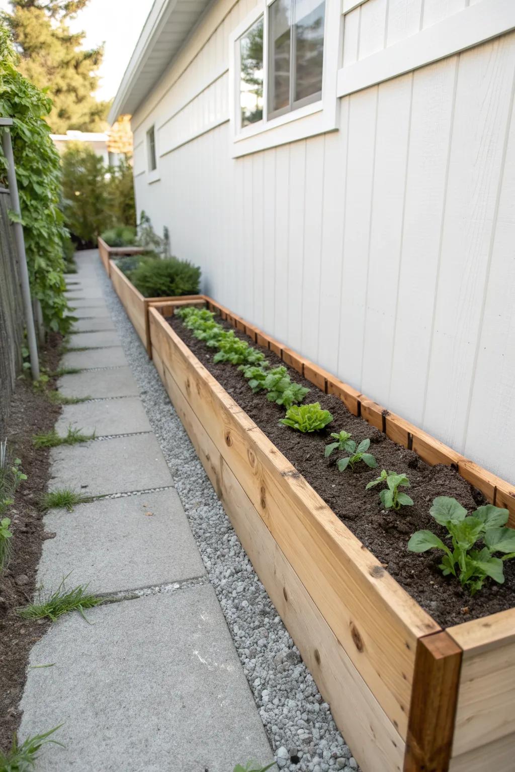 Slim raised bed + straight path: the side-yard layout you can actually reach and keep thriving.