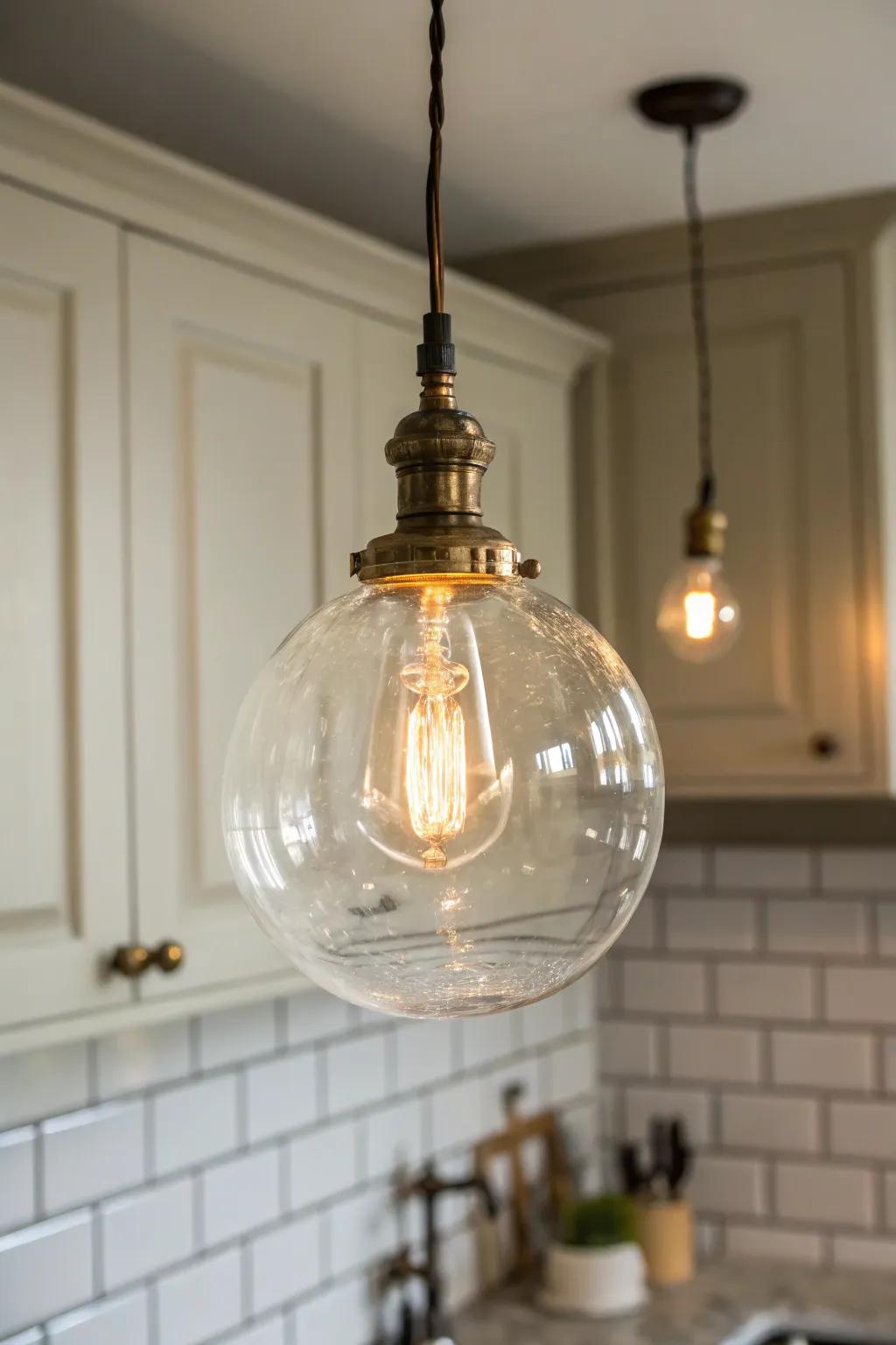 A petite glass globe pendant brings Victorian charm to a tiny kitchen—light, special, and airy.