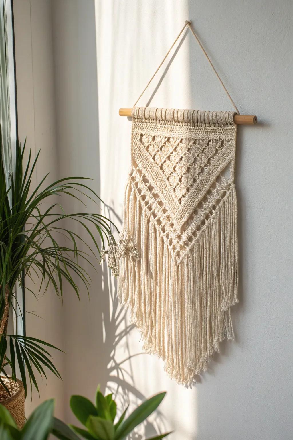 Soft woven wall hanging adds warmth and texture—perfect for small spaces without visual clutter.