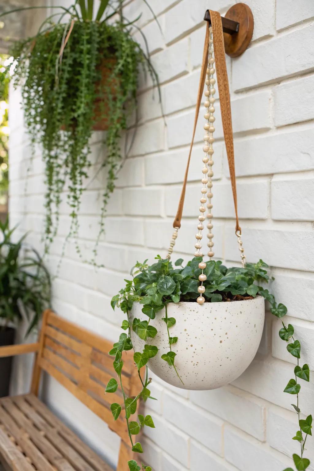 Wall-mounted planters lift trailing greens up high, freeing floor space in a tiny walled garden.