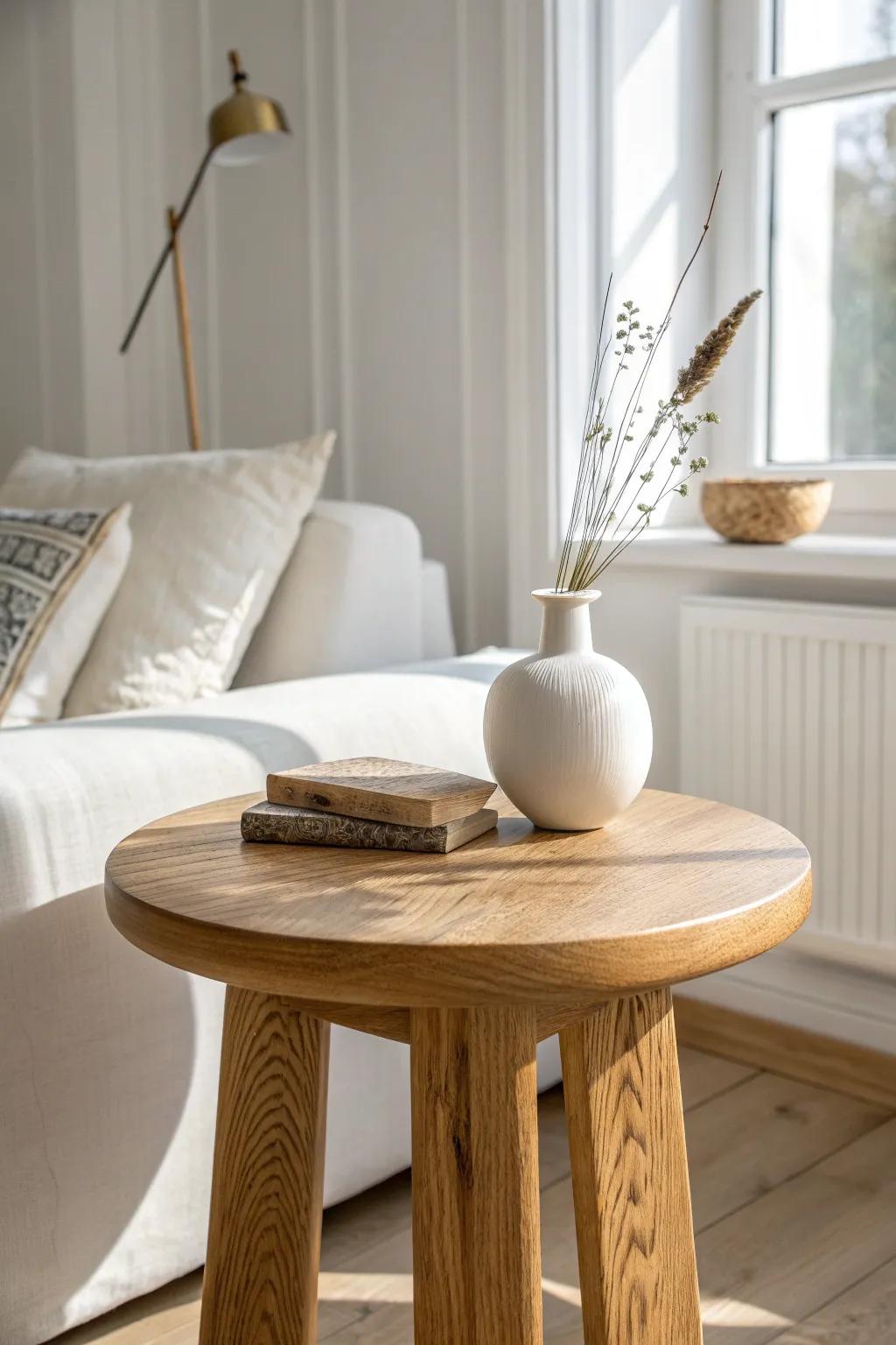 A single oak side table warms up an all-white living room—simple, cozy, and bright.