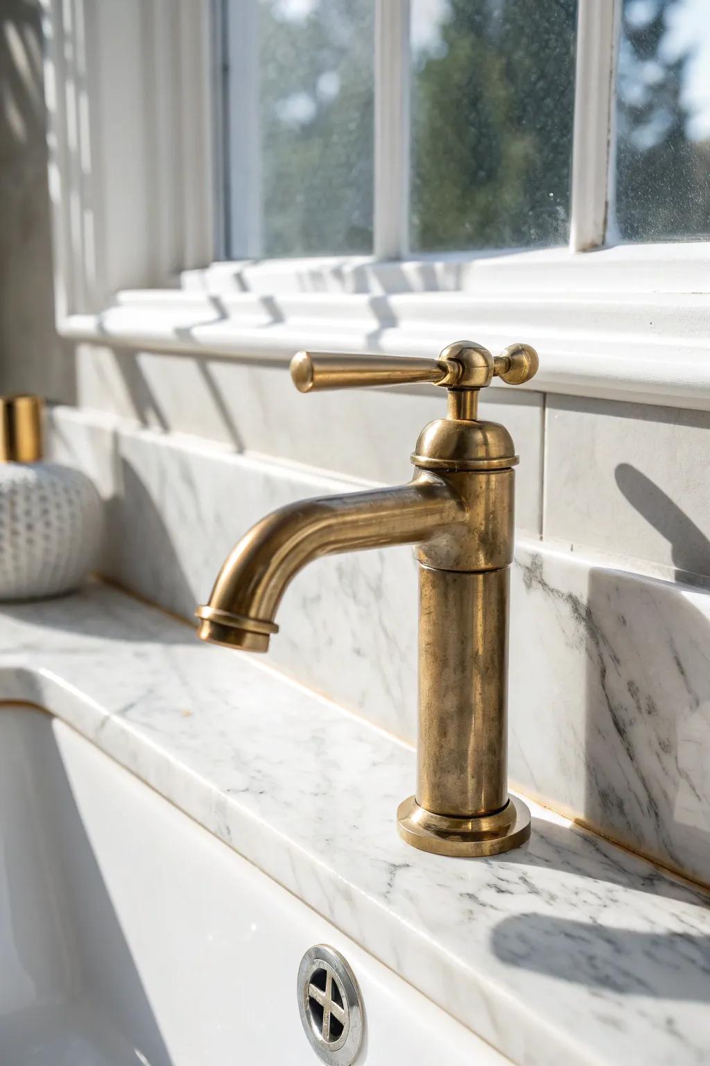 White marble + mixed metals: a brass-and-chrome faucet that adds depth without clutter.