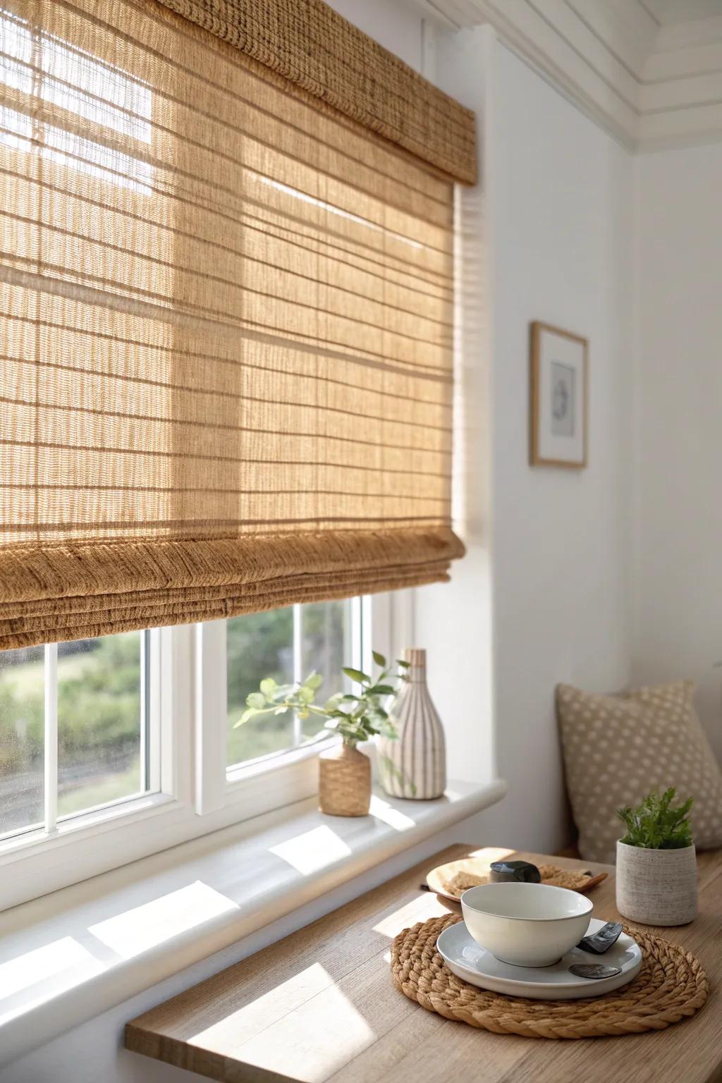 A woven shade adds warm, cozy texture to a small window without visual clutter.