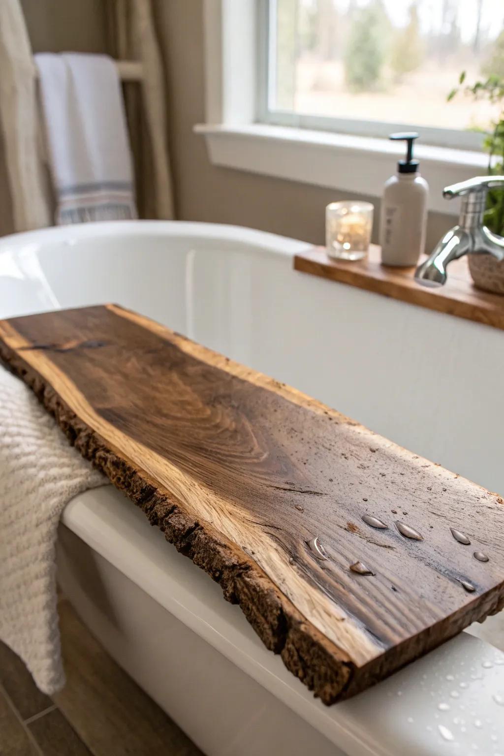 Instant spa vibes in a tiny bath: a handmade live‑edge tray that turns clutter into calm.