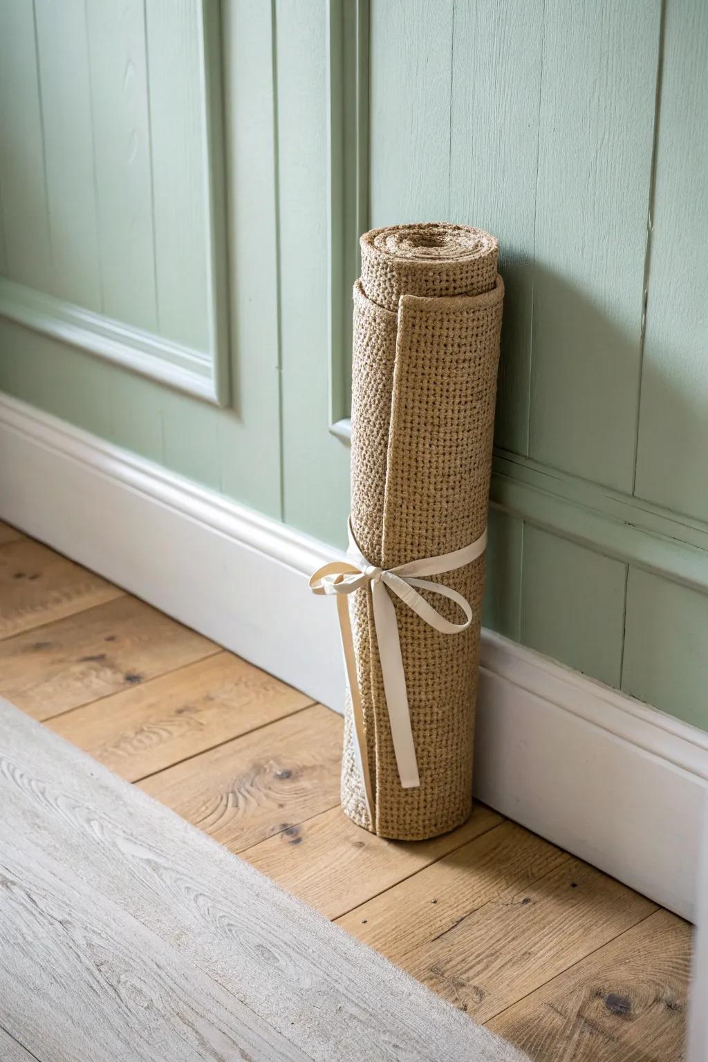 A calming sage feature wall instantly defines a dedicated yoga zone—no extra room needed.