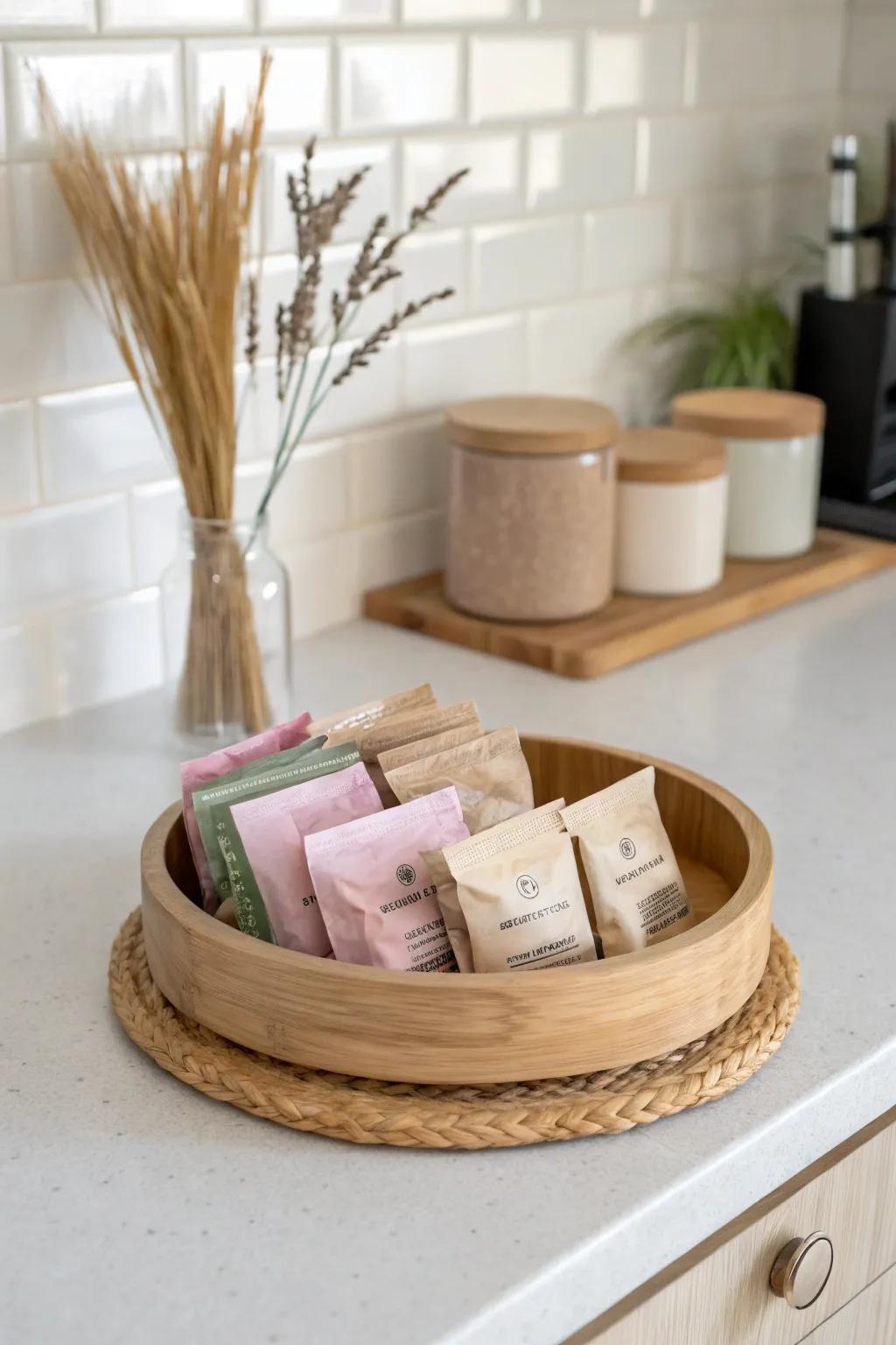 A slim turntable keeps snack packs visible—one spin and nothing gets lost in corner clutter.