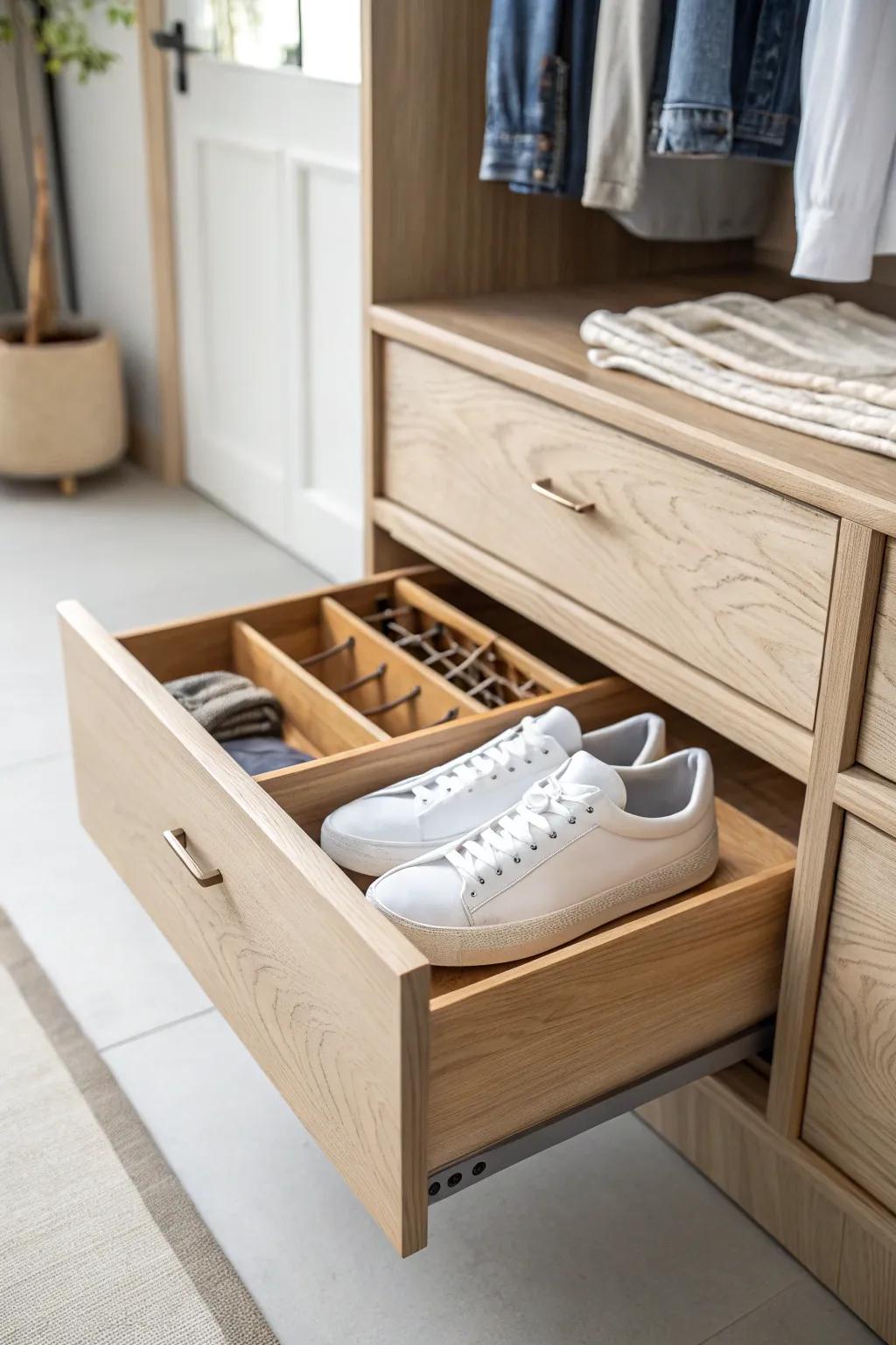 Pull-out closet trays keep every sneaker visible—small upgrade, huge payoff for tiny closets.