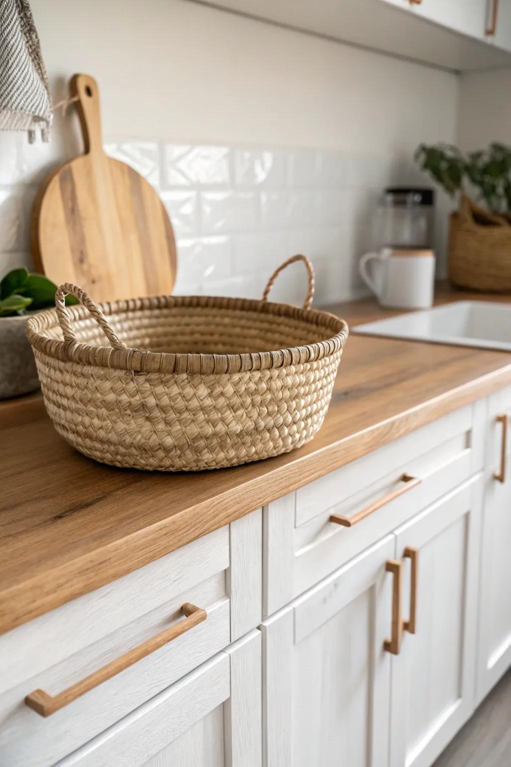 Warm oak boards and a woven basket instantly make the space above cabinets feel custom.