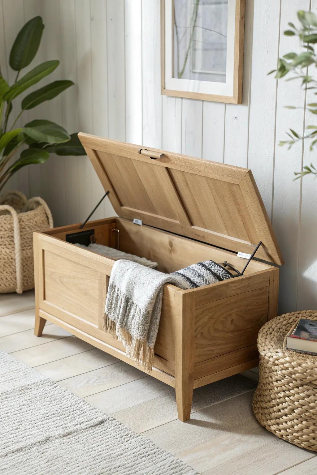 A sleek oak storage bench with hidden compartments—beautifully minimal, quietly clutter-free.
