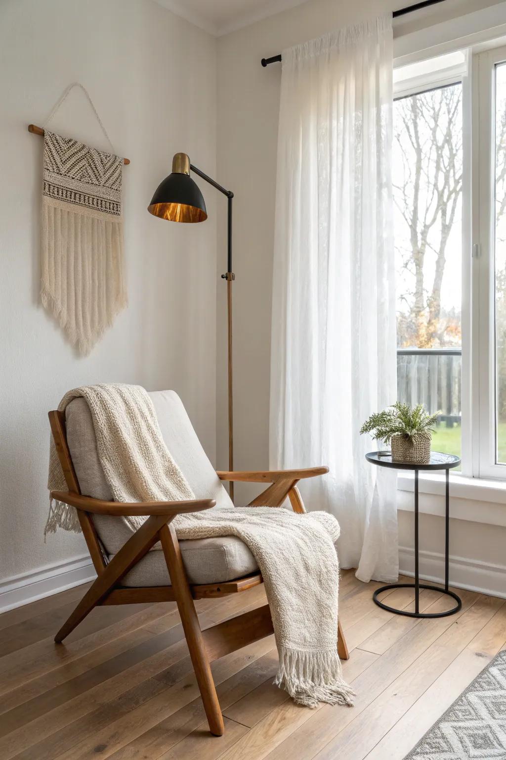 A cozy corner reading nook that adds purpose to a square living room—without crowding it.