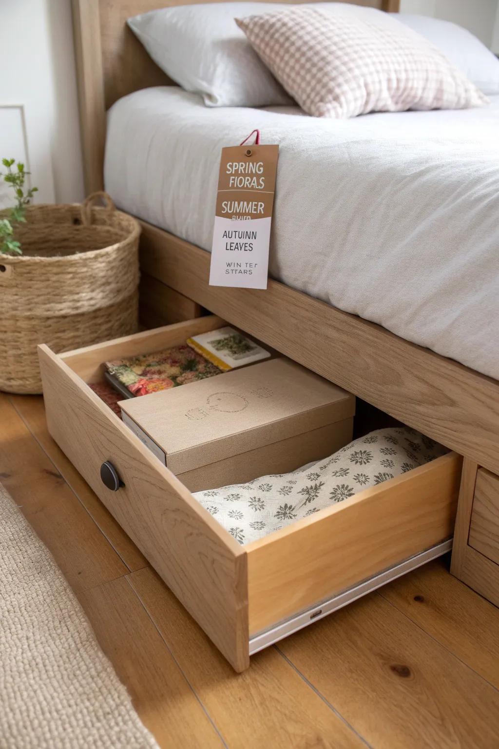 A slim under-bed box keeps seasonal sticker archives tidy—without crowding your desk.