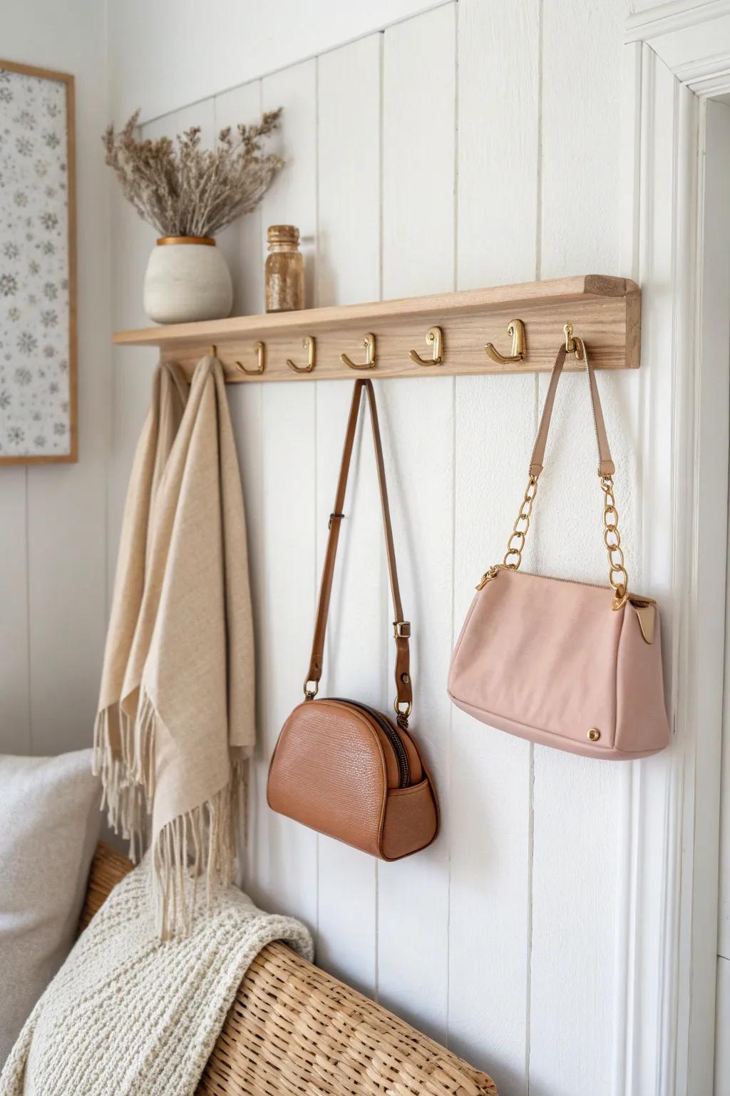 Color-coordinate purses on a slim peg rail for a calm, styled closet—even in small spaces.