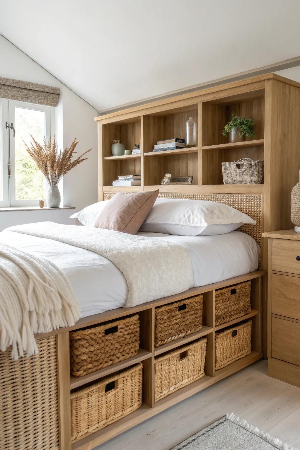 Over-the-bed bridge storage: a renter-friendly built-in look that saves precious floor space.